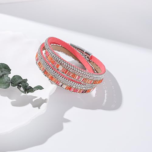 Boho Double Wrap Leather Bracelets Stackable Layered Western Hippie Jewelry | Colorful Stacked Bohemian Statement Chunky Magnetic Clasp Cuff Bangles Cowgirl Country Summer Beach Outfits for Women Trendy - color: Hot Pink