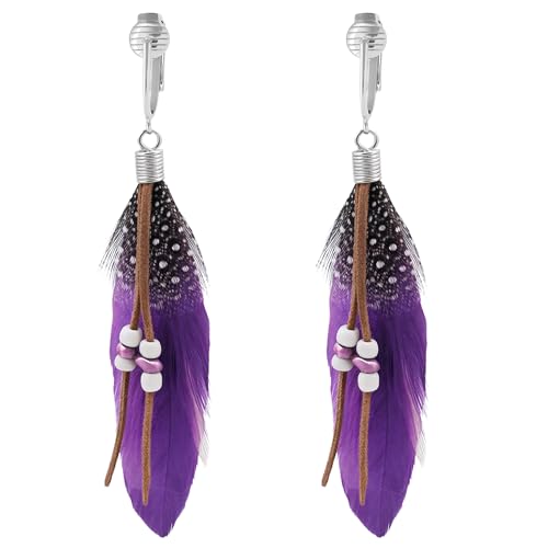 Aloha Earrings-Clip On Real Feather Earrings-Dangle Clip On Earrings Tassel Long Clip Earrings Bohemian - color: Purple Feathers