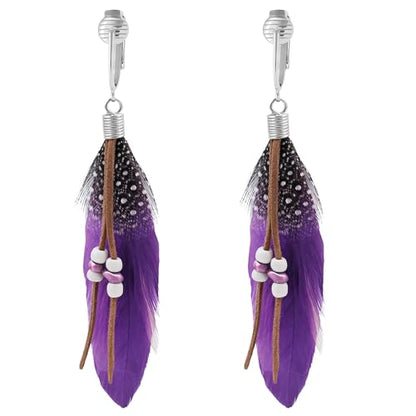 Aloha Earrings-Clip On Real Feather Earrings-Dangle Clip On Earrings Tassel Long Clip Earrings Bohemian - color: Purple Feathers