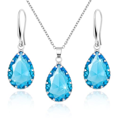 Linawe Crystal Jewelry Sets for Women, Imitation Diamond Pendant Necklace, Rhinestone Drop Dangle Earrings, Birthstone Cubic Zirconia Matching Wedding Jewelry, 14K Gold/Rose Gold/Silver Tones - color: Silver,Aquamarine,Mar