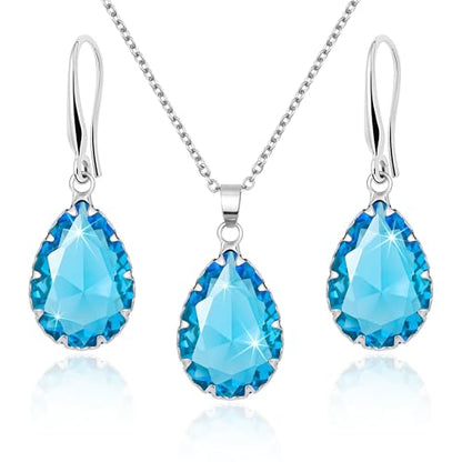 Linawe Crystal Jewelry Sets for Women, Imitation Diamond Pendant Necklace, Rhinestone Drop Dangle Earrings, Birthstone Cubic Zirconia Matching Wedding Jewelry, 14K Gold/Rose Gold/Silver Tones - color: Silver,Aquamarine,Mar