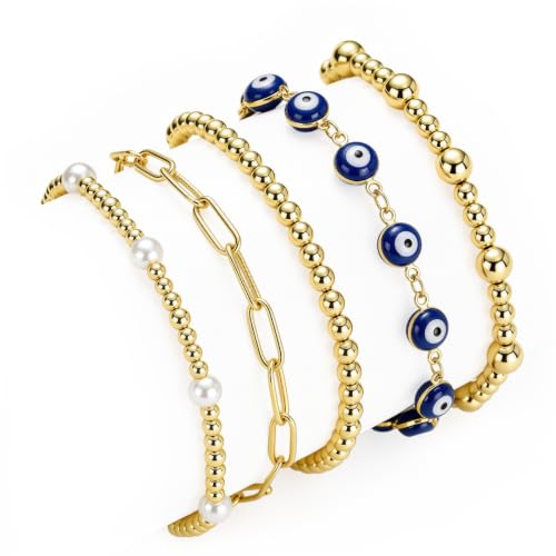 XUANPAI Evil Eye Bracelet for Women, 14K Gold Plated Beaded Bracelet Set | 5PCS Stackable Dainty Nazar Bracelet, Adjustable Turkish Eye Good Luck Protection Jewelry Gift for Mother’s Day Birthday - color: Blue