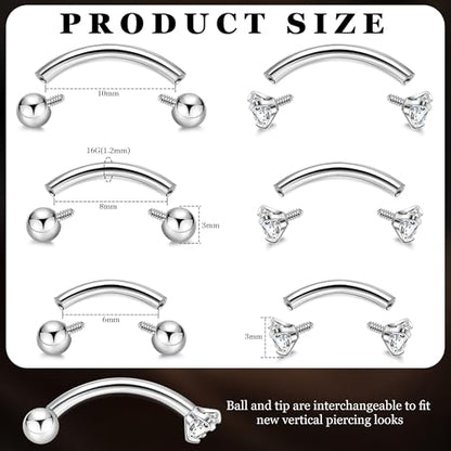 6PCS 16G G23 Titanium Eyebrow Piercing Jewelry for Women Curved Barbell Tiny Eyebrow Ring Vertical Labret Belly Lip Tongue Ring Internally Threaded Rook Tragus Daith Earring 6/8/10mm - color: Silver B