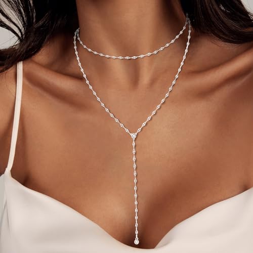Luxval Lariat Gold Necklace for Women, Dainty Long Necklace 14k Gold Plated/Silver Y-Shaped Pendant Necklaces Trendy Beaded Chain Drop Necklaces Jewelry for Women Gifts - color: Silver-wave cz