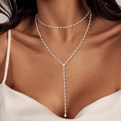 Luxval Lariat Gold Necklace for Women, Dainty Long Necklace 14k Gold Plated/Silver Y-Shaped Pendant Necklaces Trendy Beaded Chain Drop Necklaces Jewelry for Women Gifts - color: Silver-wave cz