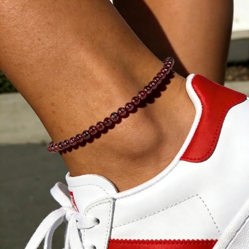 Natural Stone Beaded Anklets for Women, Handmade Boho Clear Quartz 4mm Crystal Beads Anklet, Gold Chain Adjustable Ankles Bracelet, Beach Summer Jewelry Gemstone Foot Bracelet Gift - color: Garnet