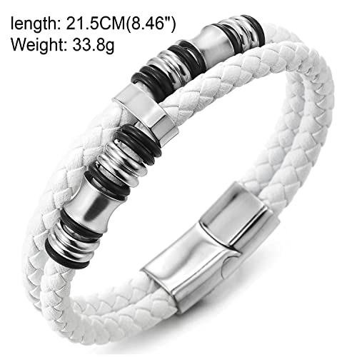 COOLSTEELANDBEYOND Mens Double-Row Braided Leather Bracelet Bangle Wristband with Black Stainless Steel Ornaments - color: J-White Silver