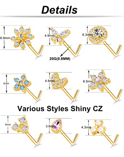 9Pcs Nose Rings Stud L Bone Screw Shaped Nose Ring Flower CZ Snowflake Butterfly Screw Nose Stud Body Piercing Jewelry for Women Men 20G Silver Gold Rose Gold Tone - color: B:Gold Tone