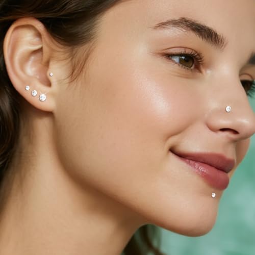 4 Pairs 16G 18G Flat Back Stud Earrings, Hypoallergenic Surgical Steel Set | CZ 2-5mm, internal thread design for nose and tragus piercings use, includes ball grabber tool for easy jewelry changes - color: 16G CZ 2/3/4/5mm Silver