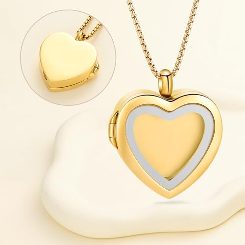Oinsi Cremation Locket Necklace For Ashes Of Loved One Carry Photo Glass Memorial Urn Jewelry 316L Stainless Steel Keepsake Gifts - color: B-Gold