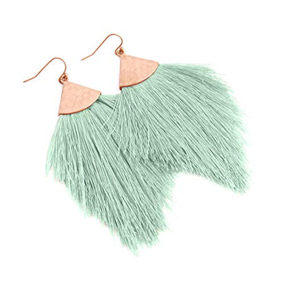 Bohemian Silky Thread Fan Fringe Tassel Statement Earrings - Lightweight Strand Feather Shape Dangles - color: Feather Fringe - Mint