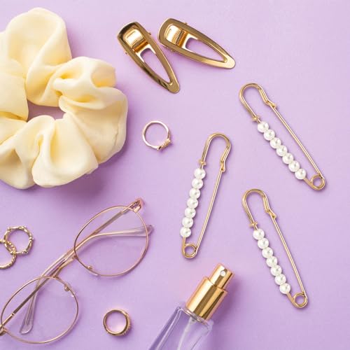 Faux Pearl Brooch Pins, 10pcs 2.76inch Sweater Shawl Clip Safety Pins with 7pcs Pearl Beads for Women Clothing Dress Pants Skirt Waist Pants Extender Dressing Accessories (Gold)
