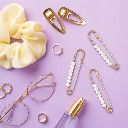 Faux Pearl Brooch Pins, 10pcs 2.76inch Sweater Shawl Clip Safety Pins with 7pcs Pearl Beads for Women Clothing Dress Pants Skirt Waist Pants Extender Dressing Accessories (Gold)