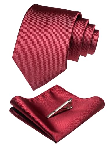 JEMYGINS Solid Color Formal Necktie and Pocket Square Tie Clip Sets for Men - color: Burgundy