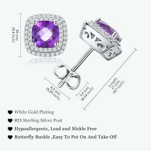 Dainty Birthstone Earrings for Women Sterling Silver Small Stud Earrings with Halo Cushion/Round Created Gemstone Earrings Birthstone Jewelry - style: A 02. Feb./created amethyst-cushion cut