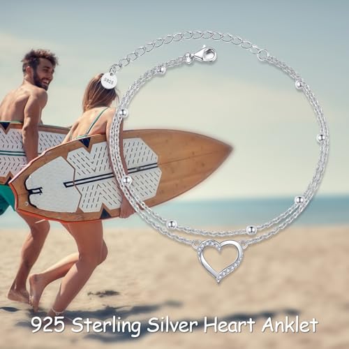 POPLYKE 925 Sterling Silver Double Layered Chain Evil Eye Daisy Sunflower Butterfly Anklets for Women Holiday Beach Crystal Ankle Bracelet Dainty Evil Eye Jewelry - style: Heart Anklet