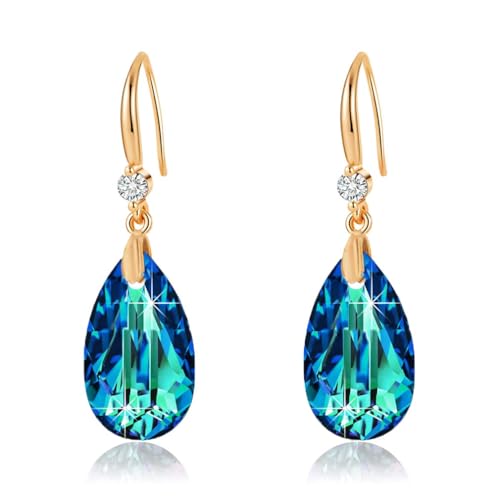 Austrian Crystal Teardrop Dangle Drop Earrings for Women 14K Gold Plated Hook Earring Hypoallergenic Jewelry Gifts for Women Girls - color: Bermuda Blue