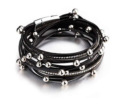 Fesciory Leather Wrap Bracelets for Women, Boho Western Layered Jewelry | Layered leather cuff bracelets, Easy on and off, Boho western style, Daily wear, Gift for women - color: Black 2