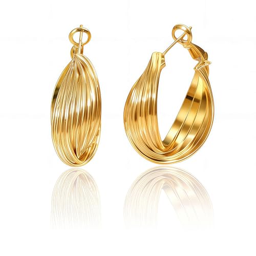 Earrings for Women, Saguine Chunky 14K Gold Plated Hoop Earrings Trendy | Chunky Earring, Big Large U-Shape Drop Twist Dangle Statement Stud Hoops Earrings, Jewelry for Women Gifts - style: Large