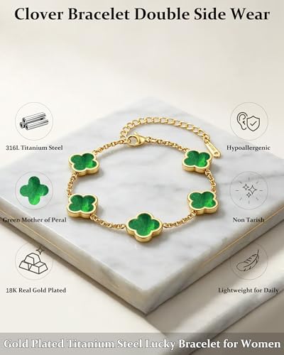 Four Leaf Clover Bracelet for Women 18K Gold Plated Stainless Steel 4 Leaf Link Chain Adjustable Bracelets Lucky Gift for Women/White/Black/Rich Red/Emerald Green/ Navy Blue/Pink Bracelets - color: Green/Gold