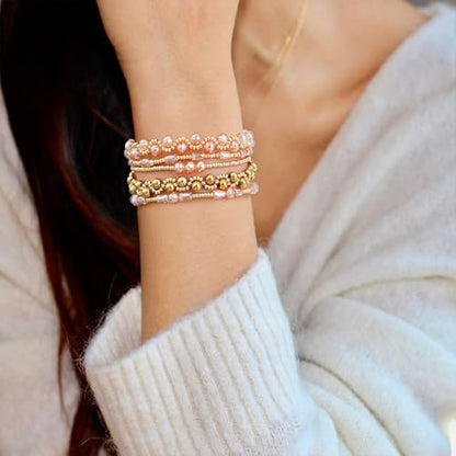 Dainty Gold Plated Pearl Crystal Beaded Bracelets Set for Women 14K Gold Plated Bead Pearl Beads Bracelet Stackable Paperclip Link Chain Bracelets Gold Plated Bracelets for Women Trendy Jewelry - color: Style5-3 Champagne gold