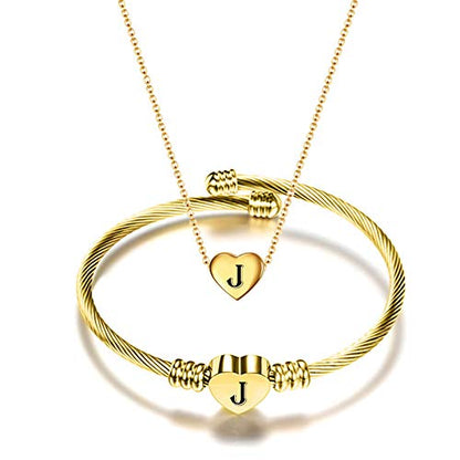 MYNENEY Necklace and Bracelet for Women Stainless Steel Initial Jewelry Set - color: Gold-J