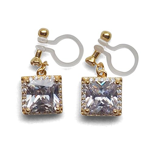 Drop Cubic Zirconia Invisible Clip On Earrings for Women Not Pierced Gold Teardrop Sqaure CZ Crystal Dangle Gold Silver Comfortable Clip On Earrings Bridal Wedding Prom - color: Square 1 Gold