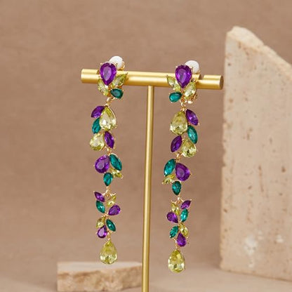 Crysdue Clip On Earrings for Women Rhinestone Crystal Teardrop Cluster Wedding Bridal Non Pierced Long Dangle Earring for Prom Party - color: Multicolor Gold Tone