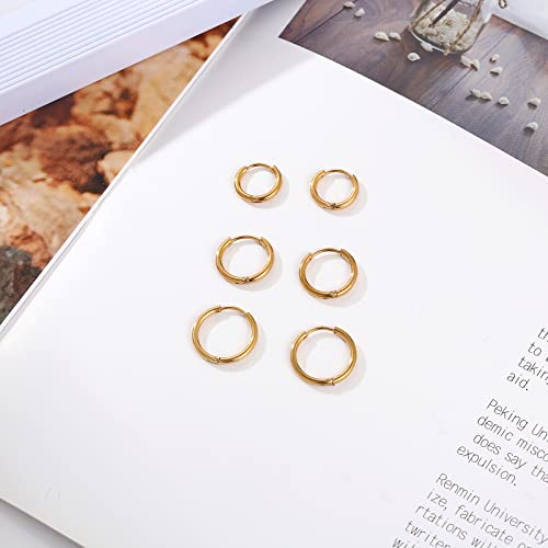 Osayia 316L Surgical Stainless Steel Small Hoop Earrings 8mm 10mm 12mm Hypoallergenic Huggie Thin Hoop Earrings Helix Lobes Hinged Sleeper Earrings Men Women for Cartilage Piercings - color: E: Gold (Diameter 8mm/10mm/12mm),3 Pairs