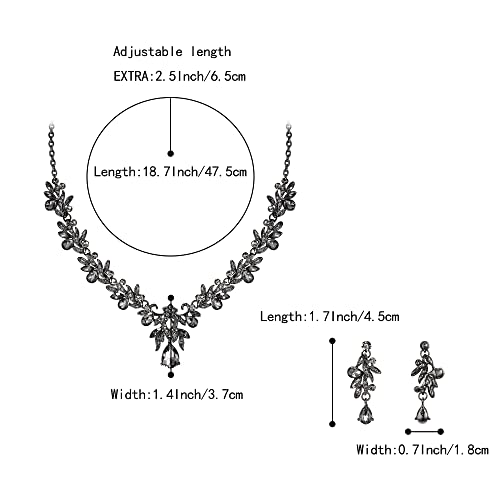 Women's Wedding Jewelry Set Leaf Flower for Bridal Prom Party | Stunning Crystal Teardrop Marquise Cluster Pendant Necklace Dangle Earrings Set for Bride Bridesmaid - color: 05-Grey Black-Tone