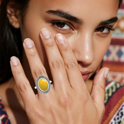 Retro Sterling Silver Stone Ring,Antique Natural Real Oval Crystal Quartz Gemstone Boho Bohemian Ring Jewelry for Women - color: A10_Yellow Citrine Quartz
