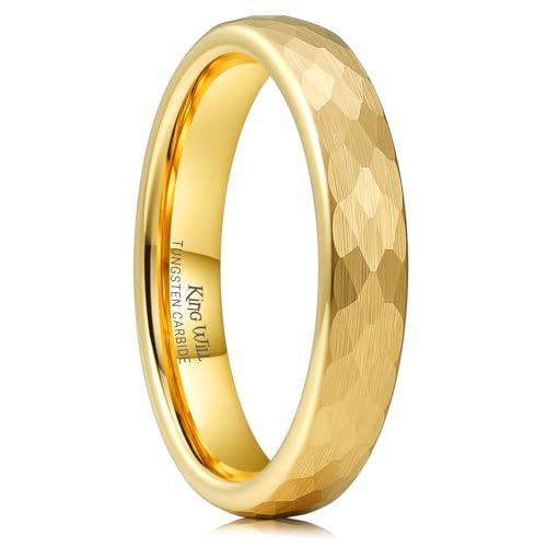 King Will Men's Tungsten Carbide Wedding Ring Hammered Groove Wedding Band Mens Two Tone Engagement Ring for Men and Women Matte Brushed Finish Comfort Fit - color: Gold 4mm