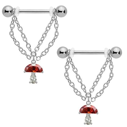 14G Mushroom Chain Nipple Rings for Women Girls 316L Stainless Steel Dangle Nipple Barbell Nipple Studs Rings Nipple Piercing Jewelry, Red, Silver