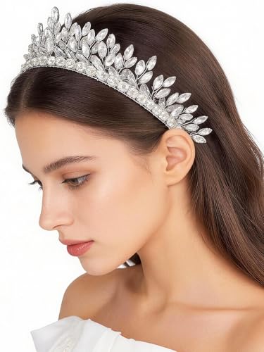 Bridal Rhinestone Headband Wedding Hair Accessories for Women, Pearl Crystal Headband Wedding Costume Headpieces for Brides Princess Quinceanera Christmas Party Prom Birthday(Silver) - color: Silver