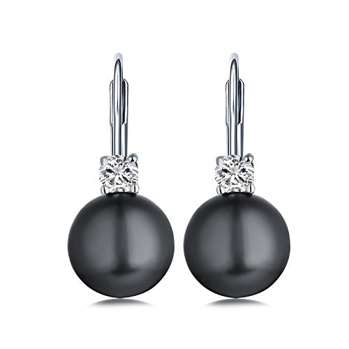 JO WISDOM 925 Sterling Silver Cubic Zirconia Freshwater Cultured Pearl Drop & Dangle Leverback Earrings - color: 10mm-black
