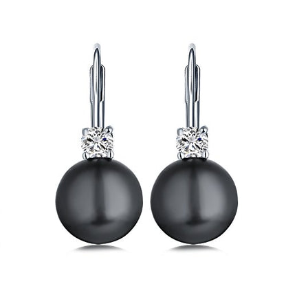 JO WISDOM 925 Sterling Silver Cubic Zirconia Freshwater Cultured Pearl Drop & Dangle Leverback Earrings - color: 10mm-black
