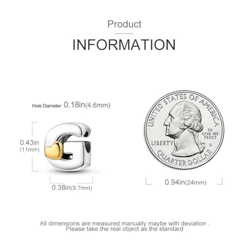 925 Sterling Silver Letter Charms A-Z for Bracelet Necklace Alphabet Bead | Heart letter A B C D G J charm initial gold Pendant beads Jewelry Gift for Women - color: Letter G