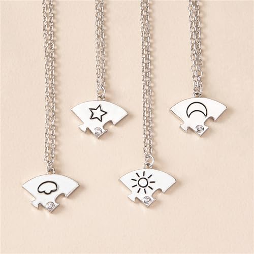 3pcs Friendship Moon Sun Star Puzzle Matching Necklace Set Gold Silver Plated Cute Crescent Round Circle Geometric Best Friend BFF Pendant Necklace for 3 Women Sisters Daughter Birthday Jewelry Gifts - color: 4pcs silver necklace
