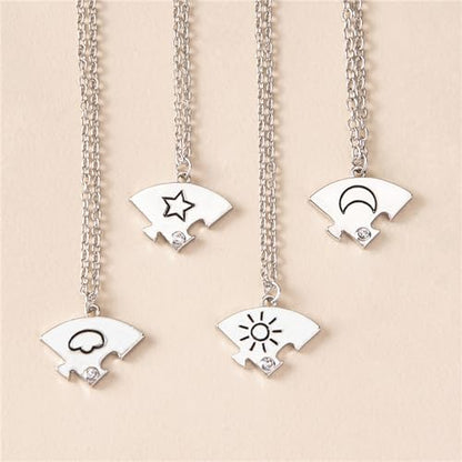 3pcs Friendship Moon Sun Star Puzzle Matching Necklace Set Gold Silver Plated Cute Crescent Round Circle Geometric Best Friend BFF Pendant Necklace for 3 Women Sisters Daughter Birthday Jewelry Gifts - color: 4pcs silver necklace