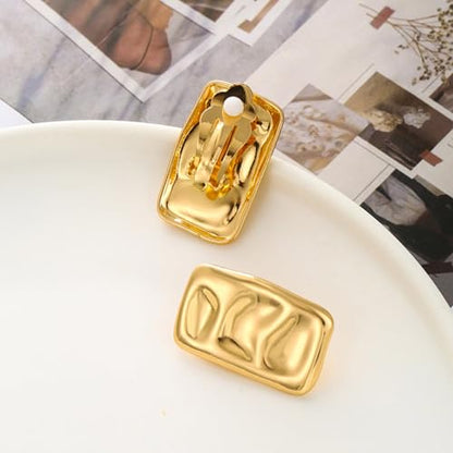 REELMAR Chunky Geometric Clip On Earrings for Women Trendy Gold-Plated Thick Hammered Rectangle Dupes Earrings Minimalist Statement Earrings No Piercing Clips - color: Square-Gold