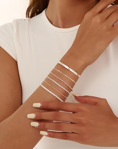 Gold Bracelets for Women 14K Gold Plated Stack Trend Bracelets Charm Paperclip Chain Cuban Link Layered Waterproof Bracelet Dainty Bracelet for Women Jewelry Gifts - color: Silver 6Pcs