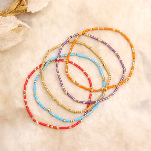 Gold Seed Beaded Bracelets Set for Women, Boho Handmade Friendship Stretch Summer Beach Jewelry Gift. - color: 2001B