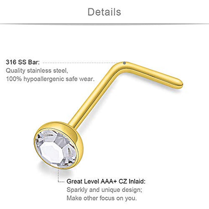 SCERRING 18G Stainless Steel L-Shaped Nose Stud Rings Tragus Lip Hoop Piercing Jewelry 1.5-3mm Clear CZ 8-30PCS - color: 30PCS - Gold