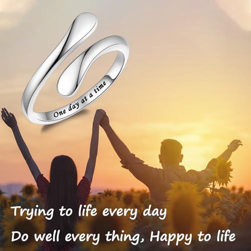 Fookduoduo 925 Sterling Silver Ring Inspirational Jewelry adjustable Wrap Open Rings for Women - style: One Day a Time