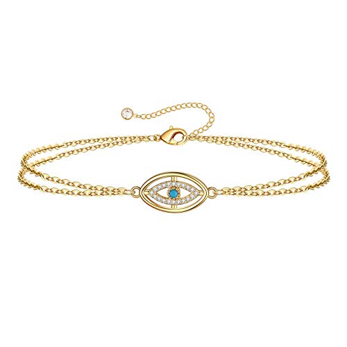 Dainty Gold Bracelets for Women, 14K Gold Plated Adjustable Layered Beads Bracelet Cute Evil Eye Oval Chain Pearl Bar Turtle Gold Bracelets for Women Jewelry - style: CZ Evil Eye