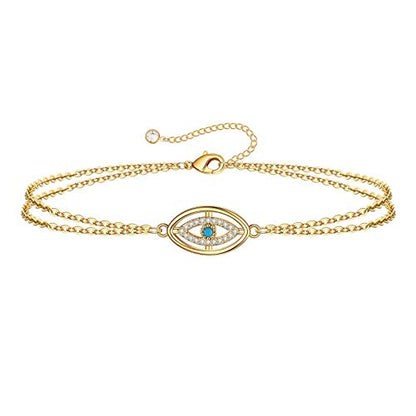 Dainty Gold Bracelets for Women, 14K Gold Plated Adjustable Layered Beads Bracelet Cute Evil Eye Oval Chain Pearl Bar Turtle Gold Bracelets for Women Jewelry - style: CZ Evil Eye