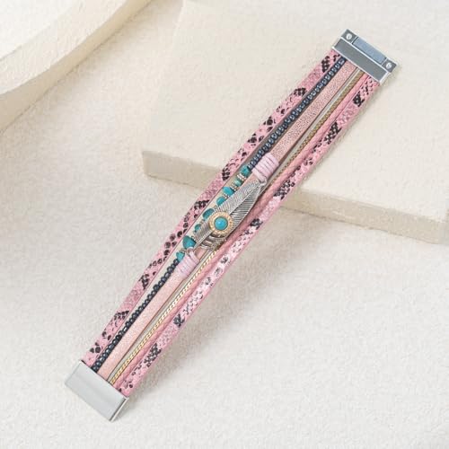 Western Turquoise Leather Cuff Bracelets Boho Feather Cowgirl Jewelry | Stackable Country Hippie Wrap Bangle Set Magnetic Clasp Chunky Beaded Stone Bohemian Statement Outfits for Women Trendy - color: Pink