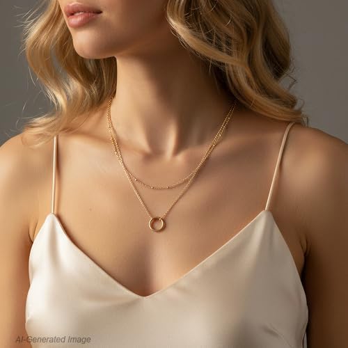 925 Silver Layered and 14K Gold Plated Necklace for Women – Circle Pendant Adjustable Stacking Chain, Retro Modern Jewelry for Special Occasion Gift - color: Gold 2