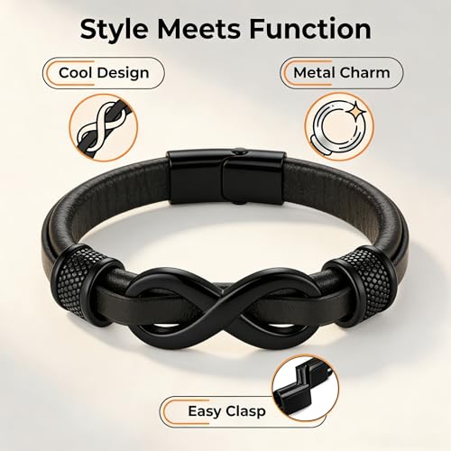 Men's Leather Infinity Bracelet Stainless Steel Number 8 Wristband Cuff Bangle Bracelets Gifts for Men, 8.3 & 9.1 inches - color: 04.Genuine leather & black infinity, size: 8.3inch(Fits most wrists.)