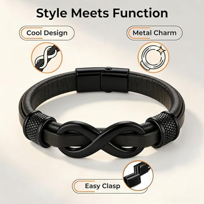 Men's Leather Infinity Bracelet Stainless Steel Number 8 Wristband Cuff Bangle Bracelets Gifts for Men, 8.3 & 9.1 inches - color: 04.Genuine leather & black infinity, size: 8.3inch(Fits most wrists.)